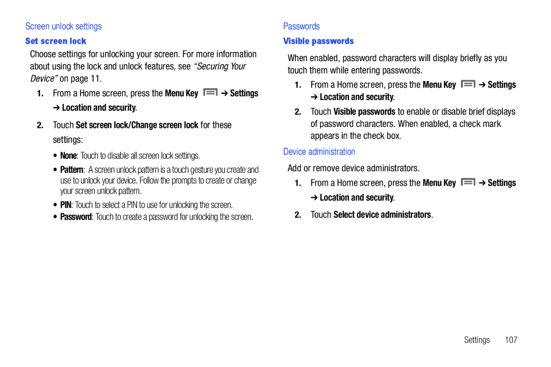 Samsung SCH-I800NSAUSC user manual Screen unlock settings, Passwords, Device administration 