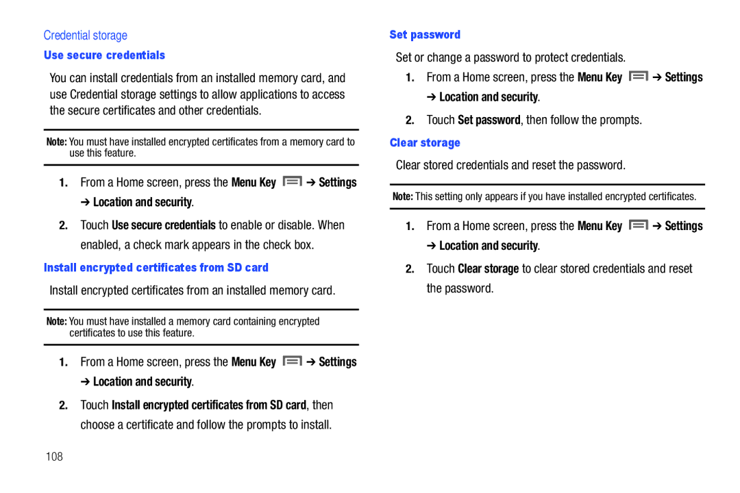 Samsung SCH-I800NSAUSC user manual Credential storage, Set or change a password to protect credentials 