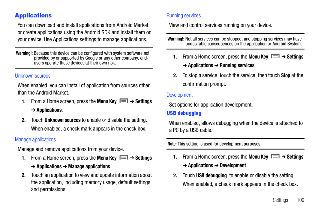 Samsung SCH-I800NSAUSC user manual Unknown sources, Manage applications, Running services, Development 