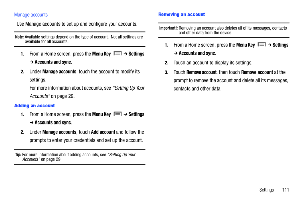 Samsung SCH-I800NSAUSC Manage accounts, Touch an account to display its settings, Adding an account, Removing an account 