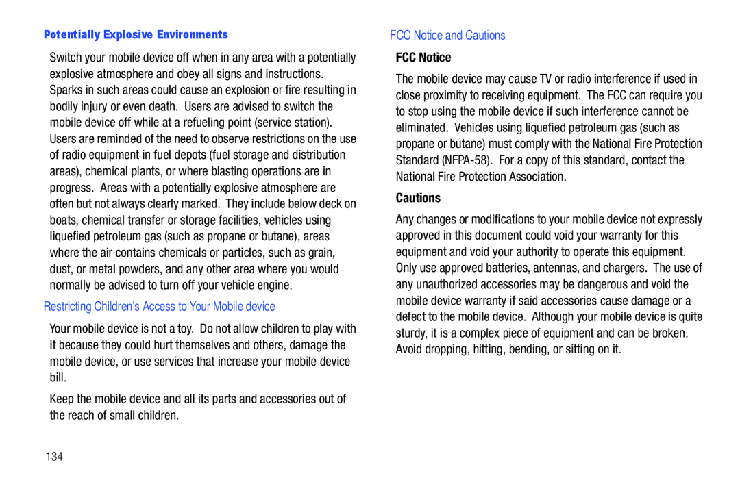 Samsung SCH-I800NSAUSC user manual FCC Notice and Cautions, Potentially Explosive Environments, 134 