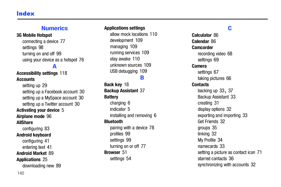 Samsung SCH-I800NSAUSC user manual Index Numerics 