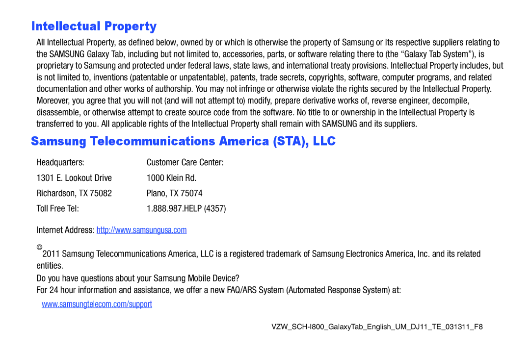 Samsung SCH-I800NSAUSC user manual Intellectual Property, Headquarters 