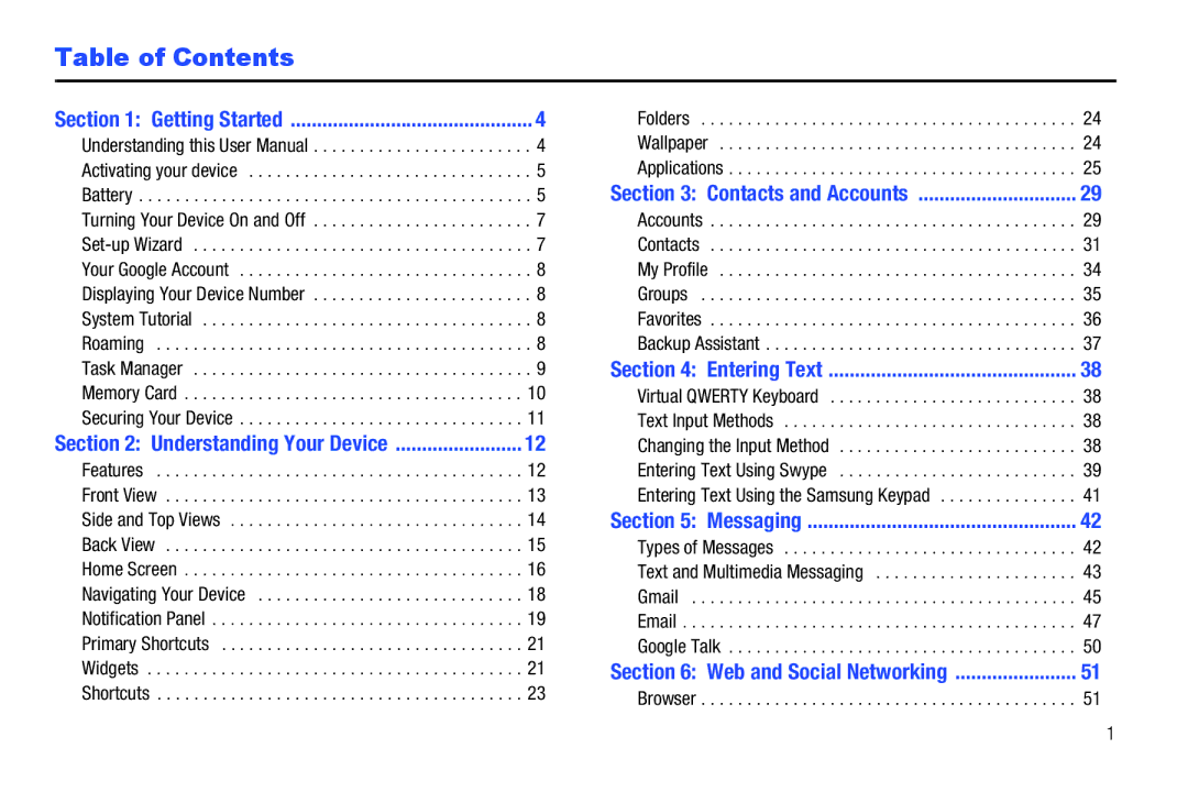 Samsung SCH-I800NSAUSC user manual Table of Contents 