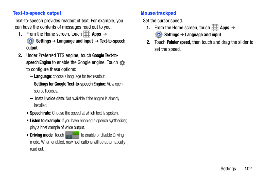 Samsung GT-P5100ZWABTU, SCH-I915SAAVZW, SCHI705MKAVZW Settings Language and input Text-to-speech output, Mouse/trackpad 