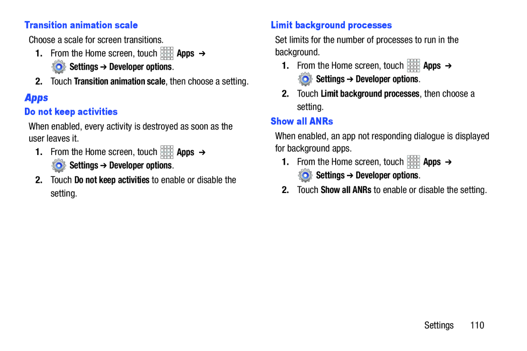 Samsung SCHI705MKAVZW Transition animation scale, Do not keep activities, Limit background processes, Show all ANRs 