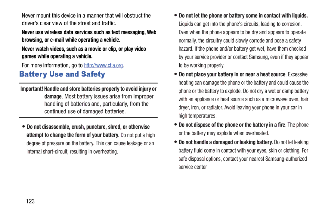 Samsung GT-P3113ZWYXAR, SCH-I915SAAVZW, SCHI705MKAVZW, GT-P5100ZWABTU user manual Battery Use and Safety, 123 