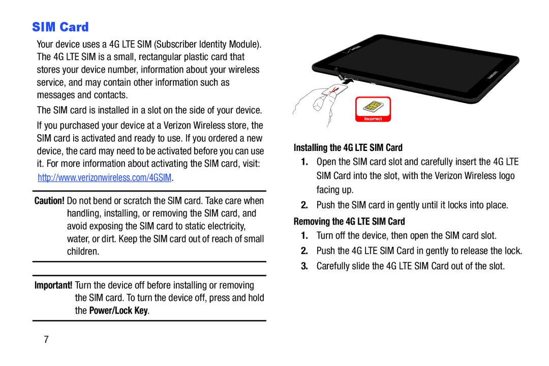 Samsung GT-P5100ZWABTU, SCH-I915SAAVZW, SCHI705MKAVZW Installing the 4G LTE SIM Card, Removing the 4G LTE SIM Card 