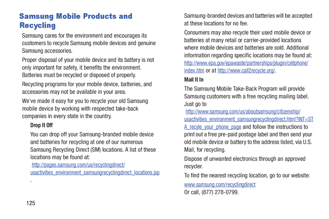 Samsung SCHI705MKAVZW, SCH-I915SAAVZW Samsung Mobile Products and Recycling, Drop It Off, Mail It, Or call, 877 125 