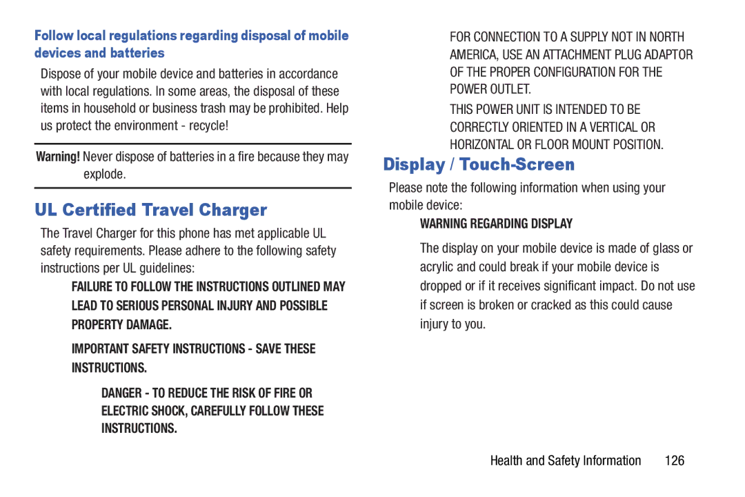 Samsung SCH-I915SAAVZW, SCHI705MKAVZW, GT-P5100ZWABTU user manual UL Certified Travel Charger, Display / Touch-Screen, 126 