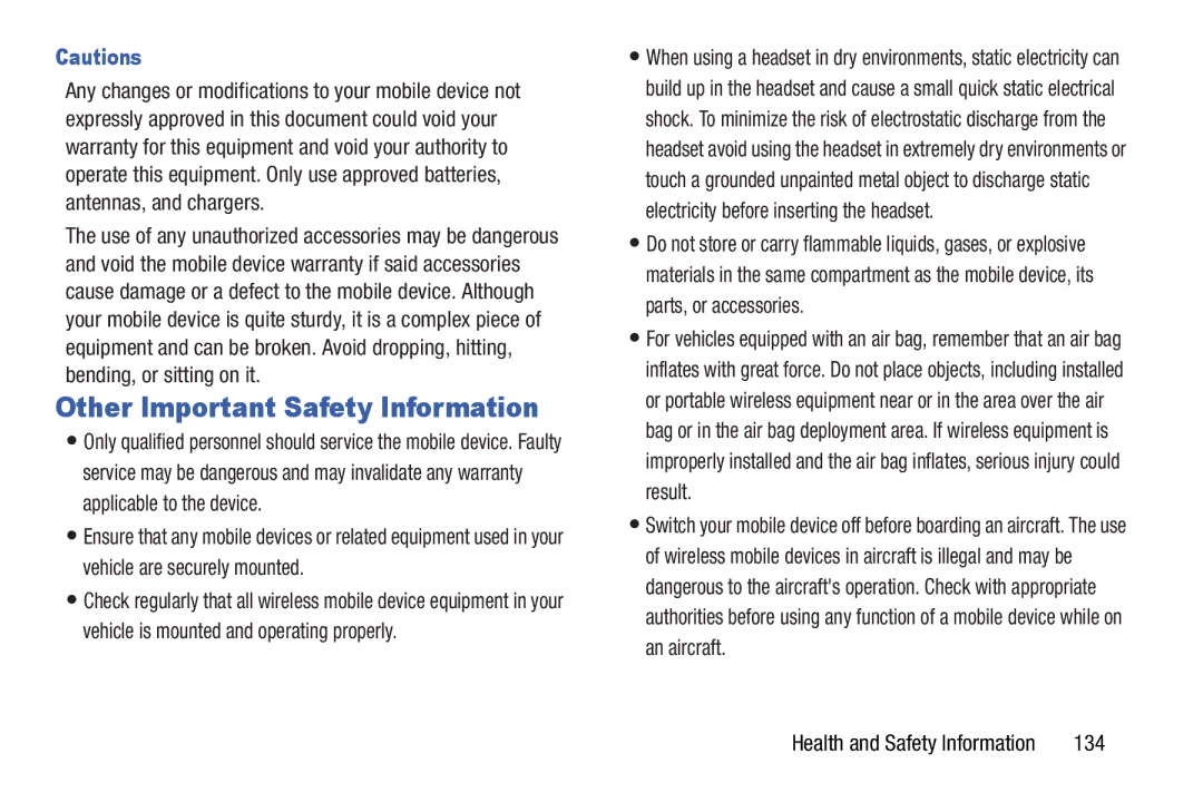 Samsung SCH-I915SAAVZW, SCHI705MKAVZW, GT-P5100ZWABTU, GT-P3113ZWYXAR user manual Other Important Safety Information, 134 