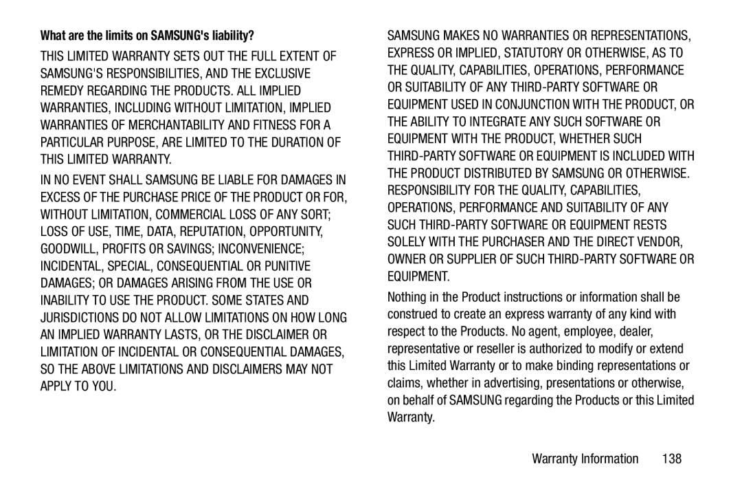 Samsung GT-P3113ZWYXAR, SCH-I915SAAVZW, SCHI705MKAVZW, GT-P5100ZWABTU What are the limits on SAMSUNGs liability?, 138 