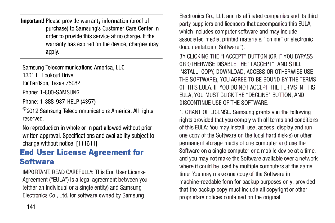 Samsung SCH-I915SAAVZW, SCHI705MKAVZW, GT-P5100ZWABTU, GT-P3113ZWYXAR End User License Agreement for Software, 141 