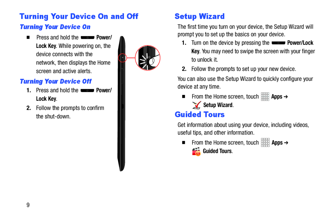 Samsung SCH-I915SAAVZW, SCHI705MKAVZW Turning Your Device On and Off, Setup Wizard, Guided Tours, Turning Your Device Off 