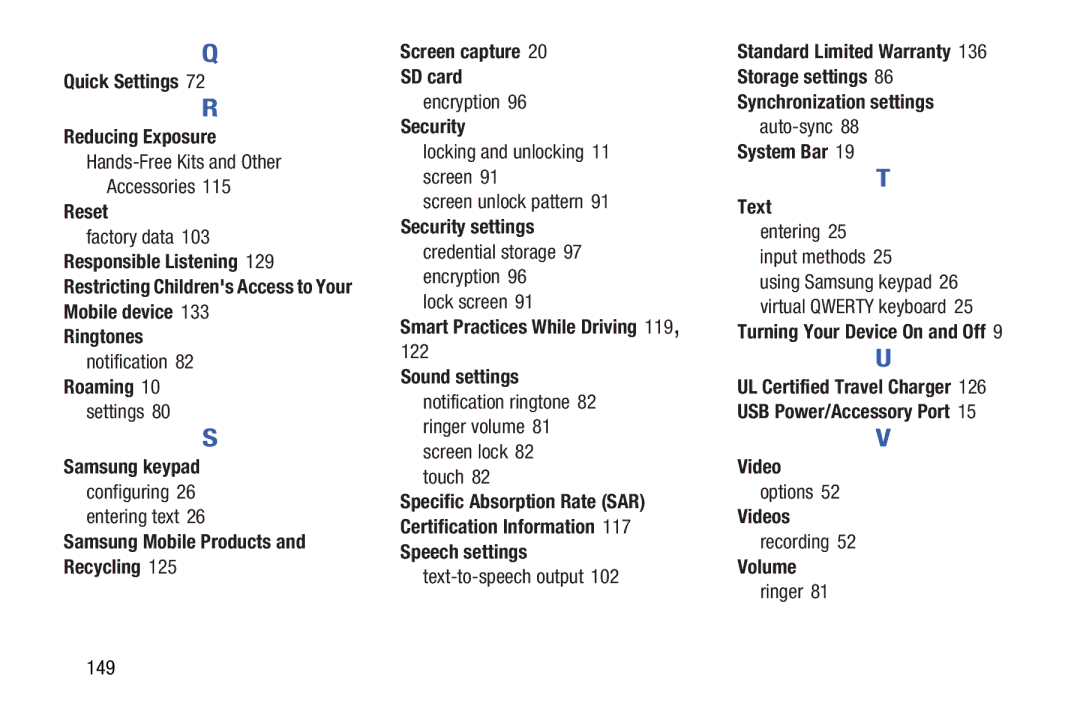 Samsung SCH-I915SAAVZW Quick Settings Reducing Exposure, Reset, Responsible Listening, Ringtones, Roaming, Samsung keypad 