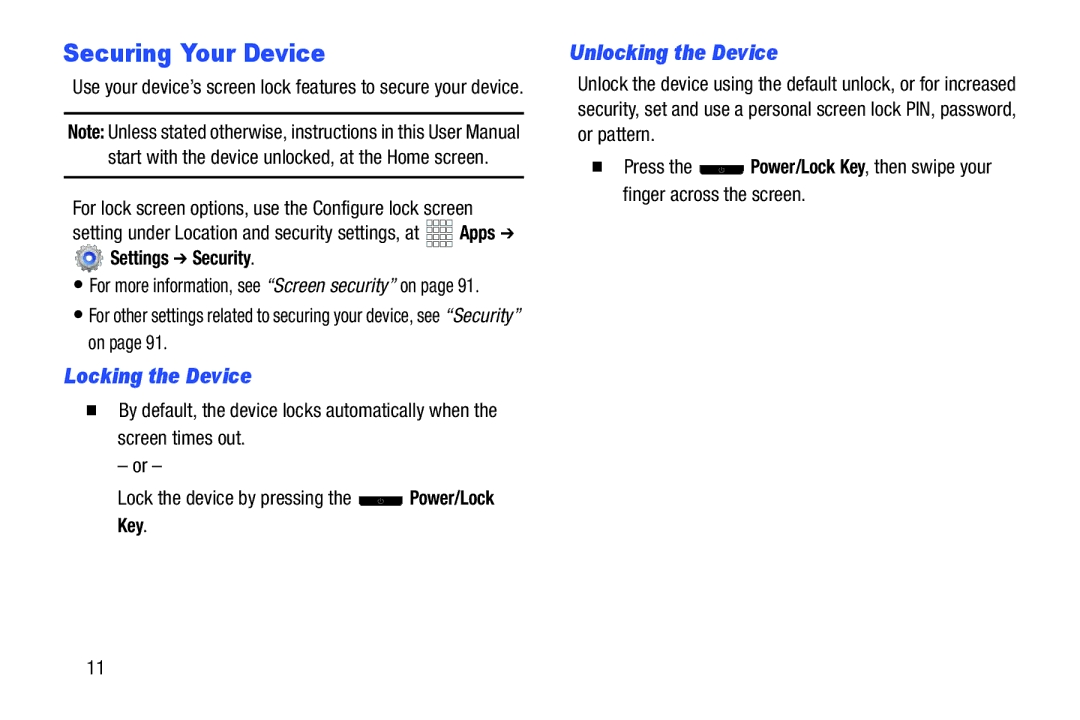 Samsung SCHI705, SCH-I915SAAVZW Securing Your Device, Locking the Device, Unlocking the Device, Settings Security 