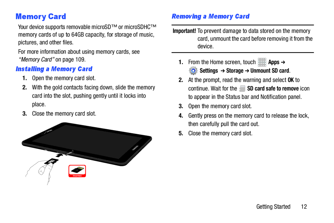 Samsung GT-P5100ZWABTU, SCHI705 Installing a Memory Card, Removing a Memory Card, Settings Storage Unmount SD card 