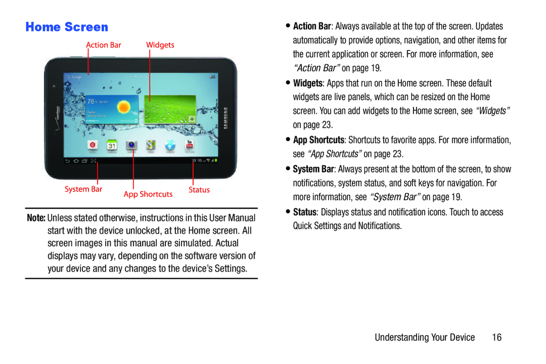 Samsung SCH-I915SAAVZW, SCHI705MKAVZW, GT-P5100ZWABTU, GT-P3113ZWYXAR user manual Home Screen 