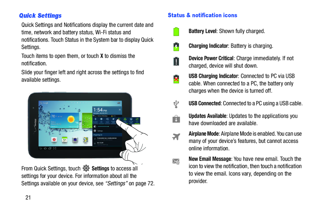 Samsung SCH-I915SAAVZW, SCHI705MKAVZW, GT-P5100ZWABTU, GT-P3113ZWYXAR Quick Settings, Status & notification icons 