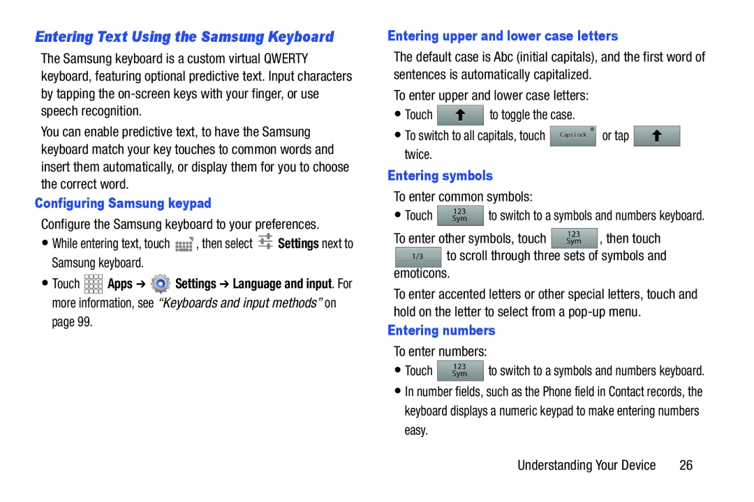 Samsung SCHI705 Entering upper and lower case letters, Configuring Samsung keypad, Entering symbols, Entering numbers 