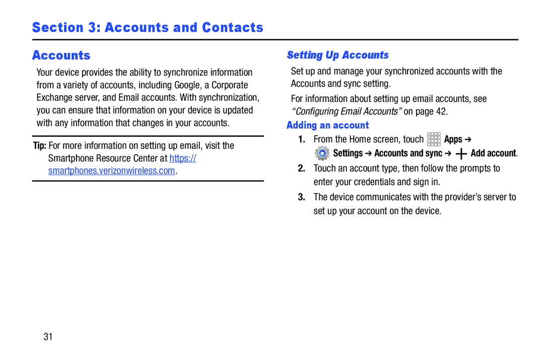 Samsung SCH-I915SAAVZW, SCHI705MKAVZW, GT-P5100ZWABTU, GT-P3113ZWYXAR Setting Up Accounts, Adding an account 