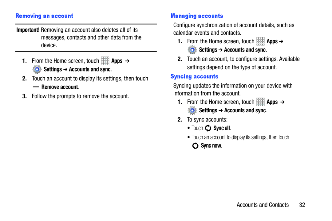 Samsung GT-P5100ZWABTU, SCH-I915SAAVZW, SCHI705MKAVZW user manual Removing an account, Managing accounts, Syncing accounts 