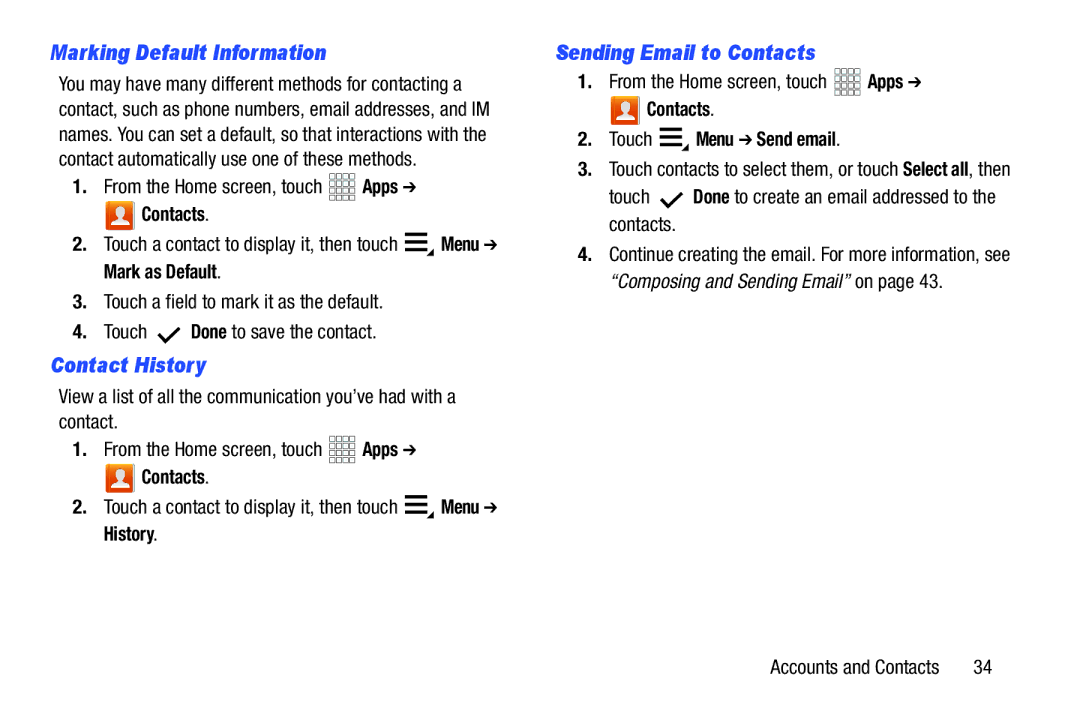 Samsung SCH-I915SAAVZW, SCHI705MKAVZW user manual Marking Default Information, Contact History, Sending Email to Contacts 