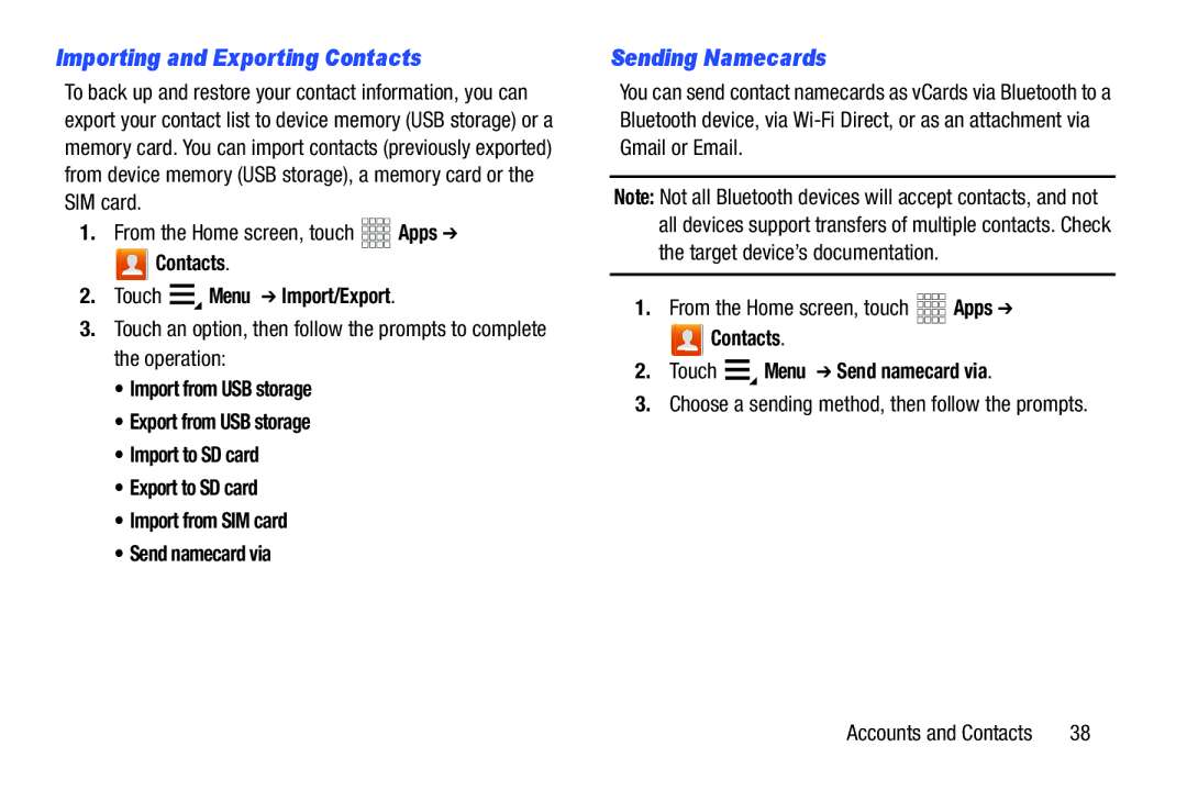 Samsung GT-P3113ZWYXAR, SCHI705 Importing and Exporting Contacts, Sending Namecards, Contacts Touch Menu Import/Export 