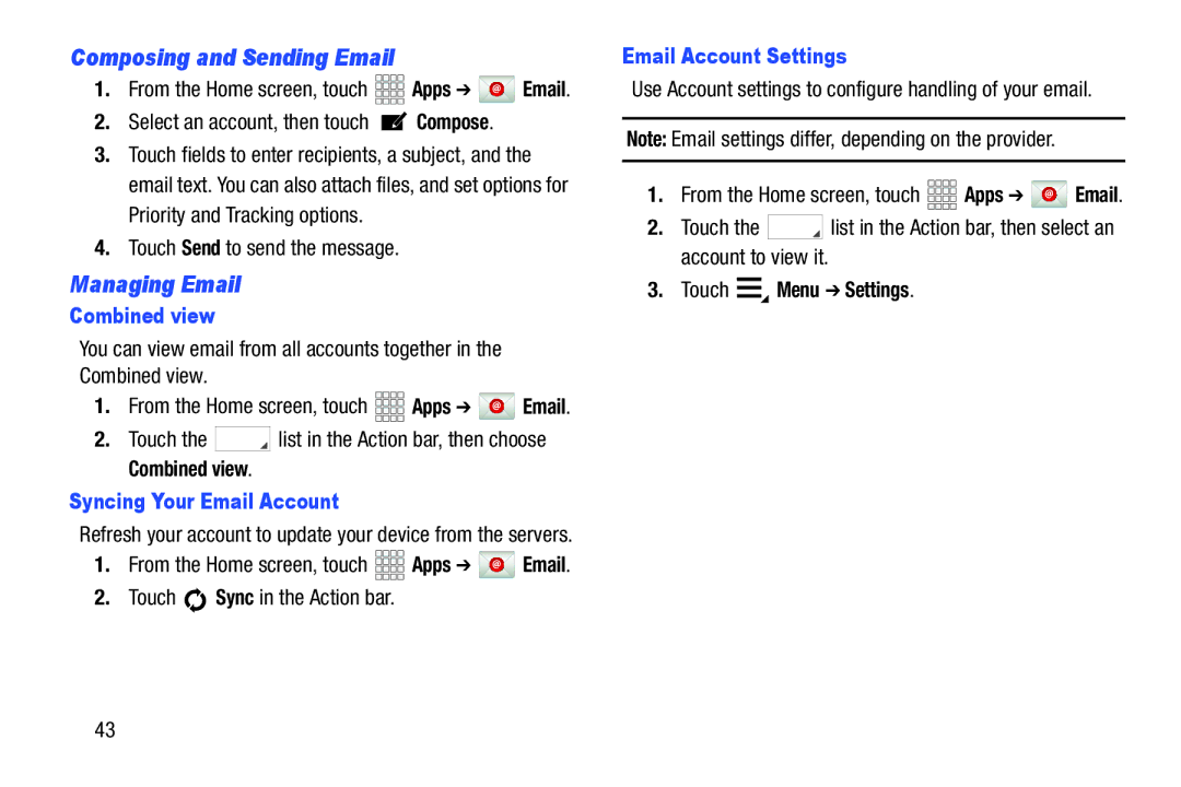 Samsung GT-P3113ZWYXAR, SCHI705 Composing and Sending Email, Managing Email, Combined view, Syncing Your Email Account 