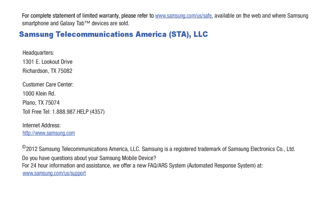 Samsung SCH-I915SAAVZW, SCHI705MKAVZW, GT-P5100ZWABTU, GT-P3113ZWYXAR user manual Samsung Telecommunications America STA, LLC 