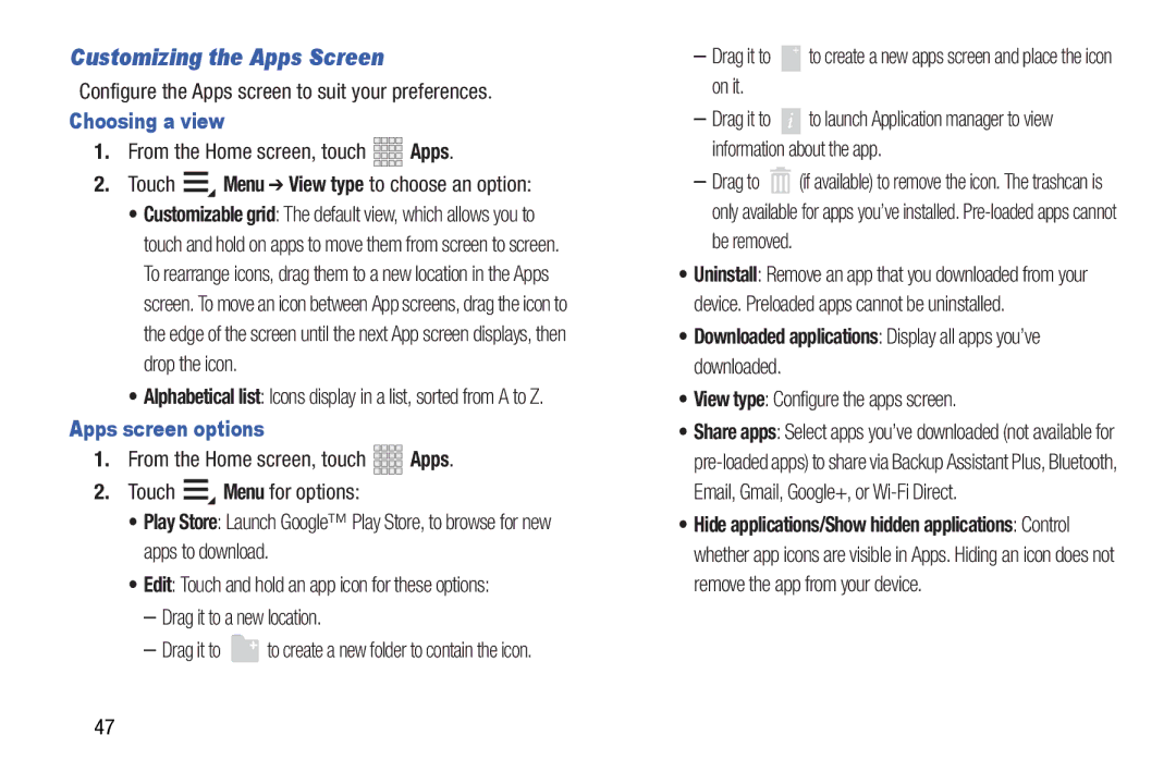 Samsung GT-P5100ZWABTU, SCH-I915SAAVZW, SCHI705MKAVZW Customizing the Apps Screen, Choosing a view, Apps screen options 