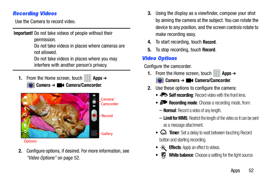 Samsung GT-P5100ZWABTU, SCH-I915SAAVZW, SCHI705MKAVZW user manual Recording Videos, Video Options, Camera Camera/Camcorder 