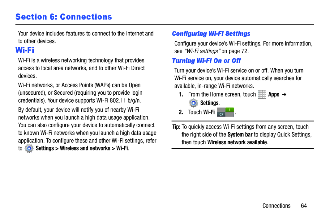 Samsung SCH-I915SAAVZW Configuring Wi-Fi Settings, Turning Wi-Fi On or Off, To Settings Wireless and networks Wi-Fi 