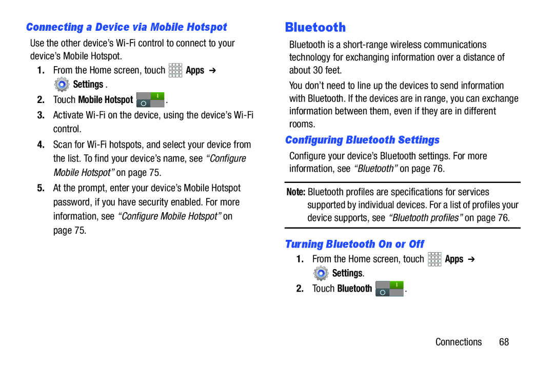 Samsung GT-P3113ZWYXAR, SCH-I915SAAVZW, SCHI705 Connecting a Device via Mobile Hotspot, Configuring Bluetooth Settings 