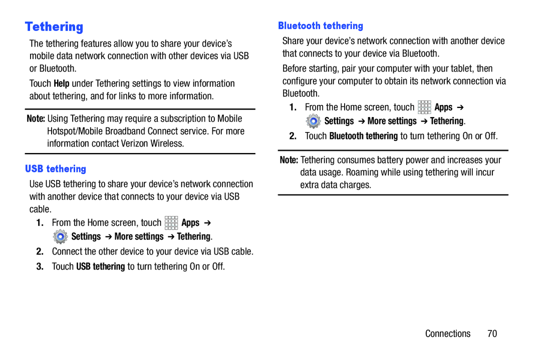 Samsung SCHI705MKAVZW user manual Settings More settings Tethering, Touch USB tethering to turn tethering On or Off 