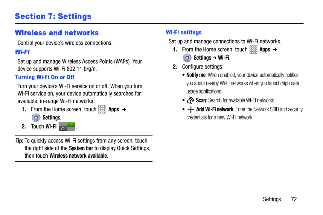 Samsung GT-P5100ZWABTU, SCH-I915SAAVZW Wireless and networks, Turning Wi-Fi On or Off, Wi-Fi settings, Settings Wi-Fi 