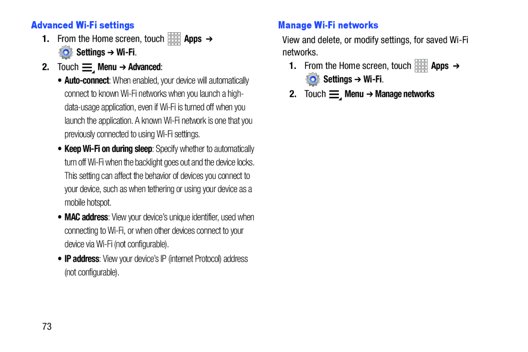 Samsung GT-P3113ZWYXAR, SCH-I915SAAVZW Advanced Wi-Fi settings, Settings Wi-Fi Touch Menu Advanced, Manage Wi-Fi networks 