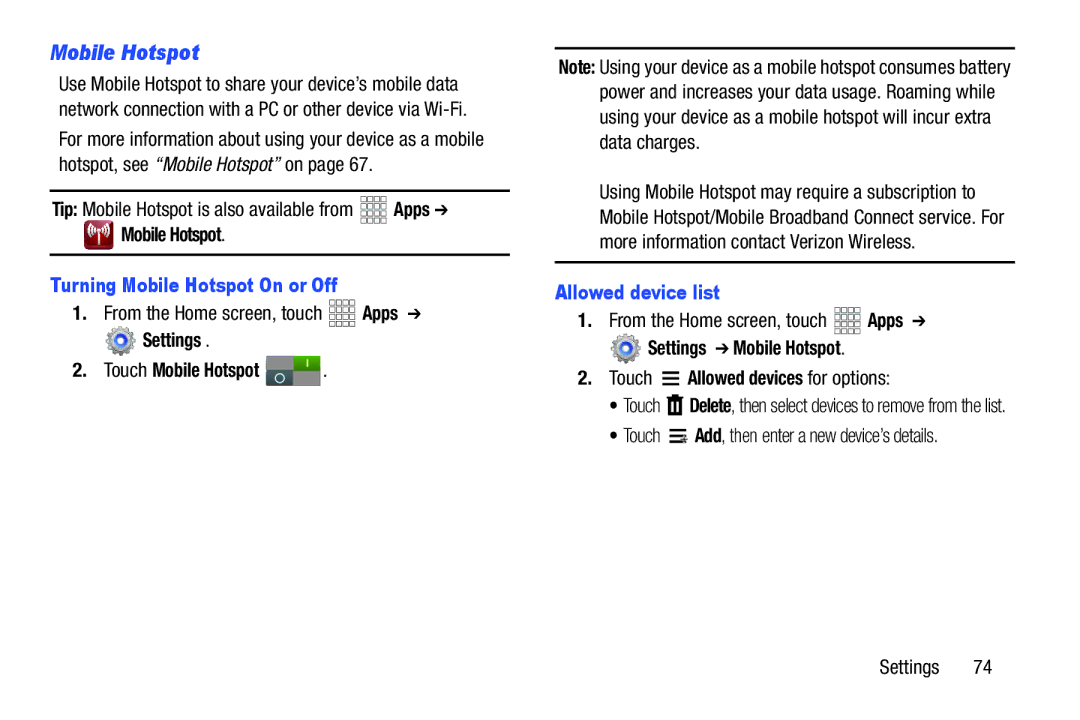 Samsung SCH-I915SAAVZW, SCHI705MKAVZW Turning Mobile Hotspot On or Off, Allowed device list, Settings Mobile Hotspot 