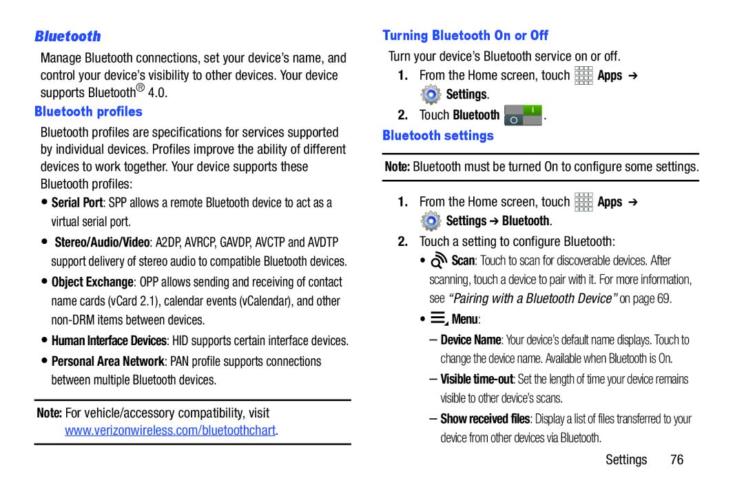 Samsung SCH-I915SAAVZW, SCHI705MKAVZW user manual Bluetooth profiles, Turning Bluetooth On or Off, Bluetooth settings 