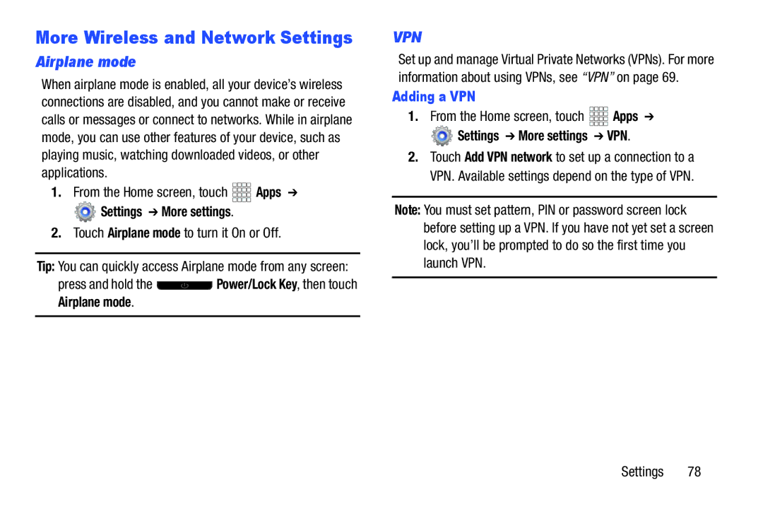 Samsung GT-P3113ZWYXAR, SCHI705 More Wireless and Network Settings, Airplane mode, Settings More settings, Adding a VPN 