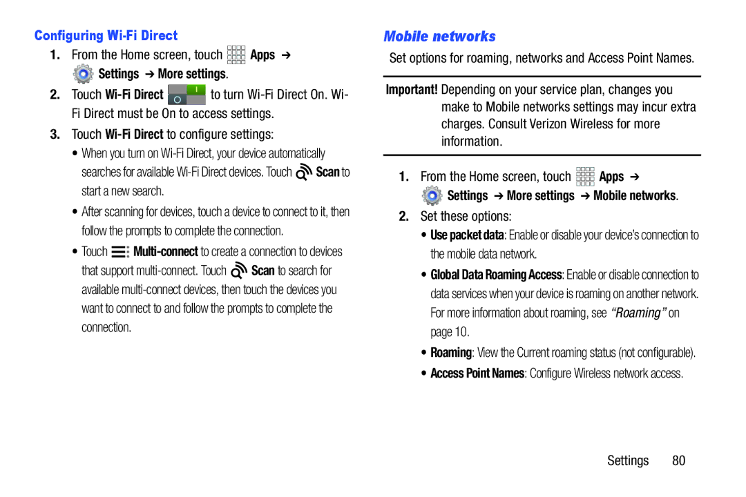 Samsung SCHI705MKAVZW, SCH-I915SAAVZW Mobile networks, Configuring Wi-Fi Direct, Touch Wi-Fi Direct to configure settings 