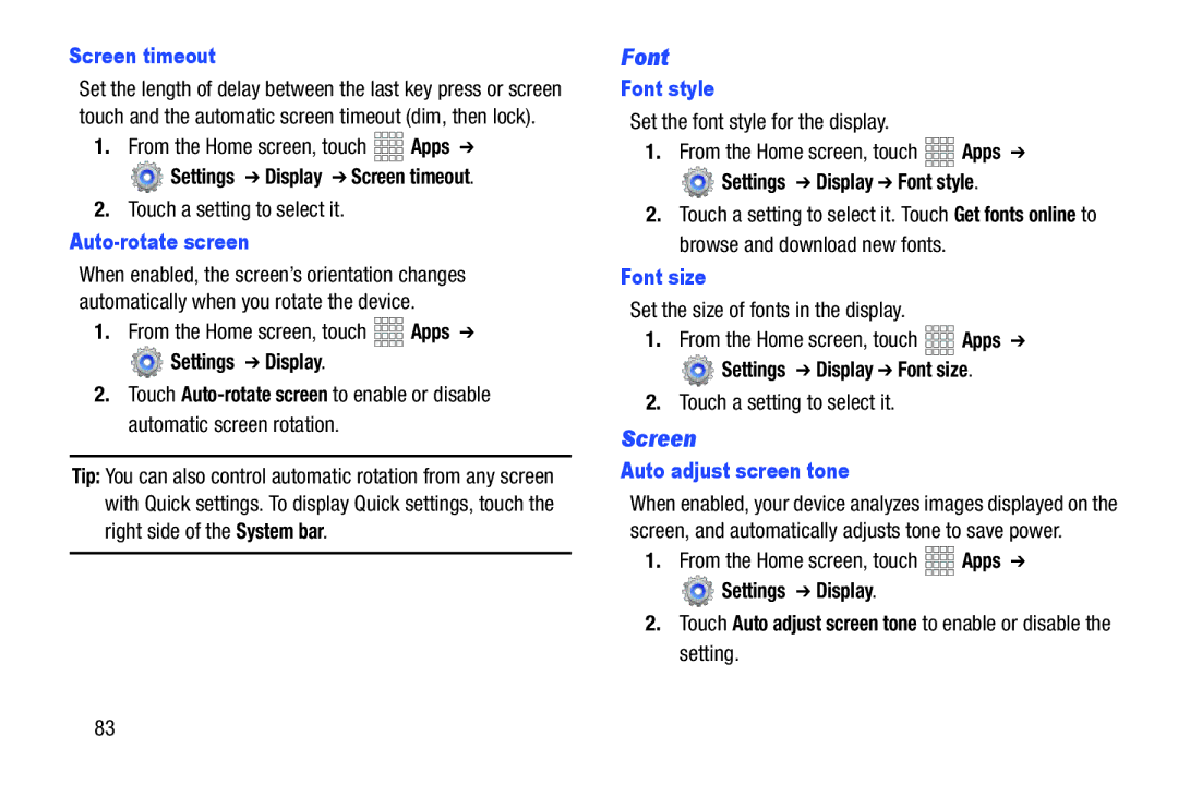 Samsung GT-P3113ZWYXAR, SCH-I915SAAVZW, SCHI705MKAVZW, GT-P5100ZWABTU user manual Font, Screen 