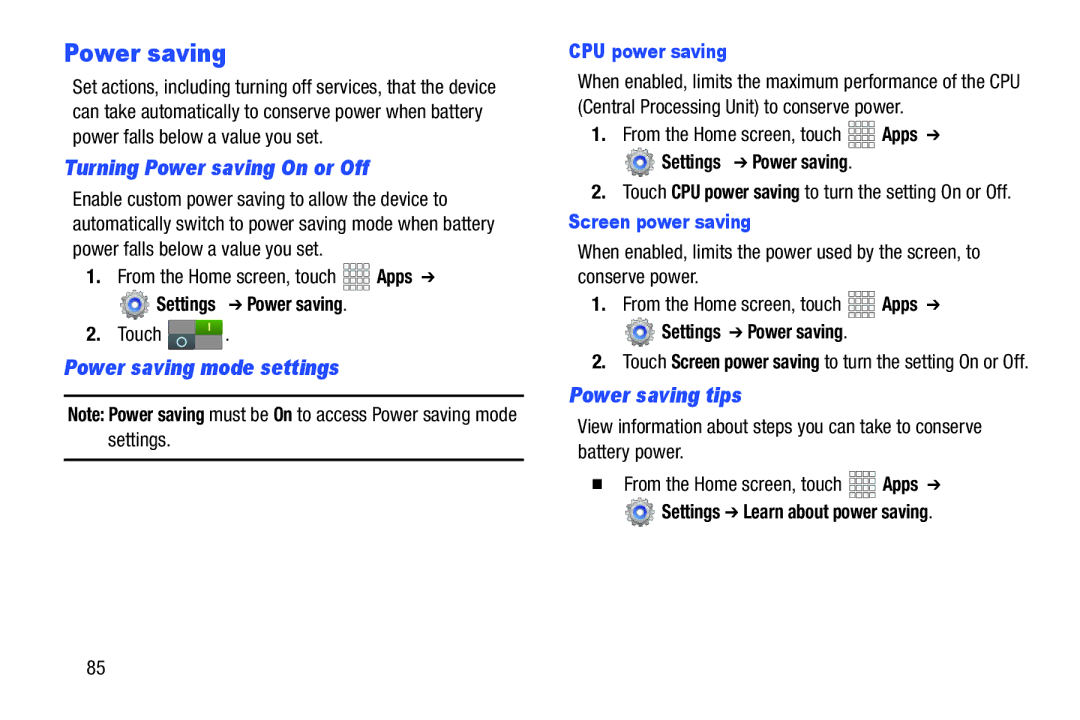 Samsung SCHI705MKAVZW, SCH-I915SAAVZW Turning Power saving On or Off, Power saving mode settings, Power saving tips 