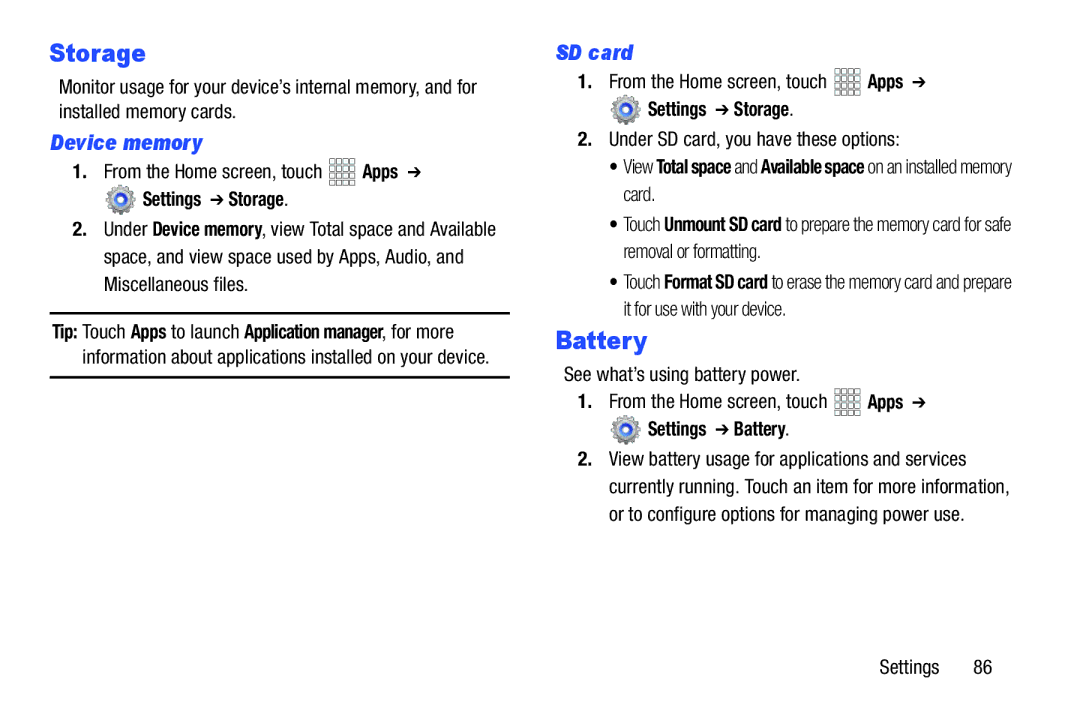 Samsung SCH-I915SAAVZW, SCHI705MKAVZW, GT-P5100ZWABTU Device memory, SD card, Settings Storage, Settings Battery 