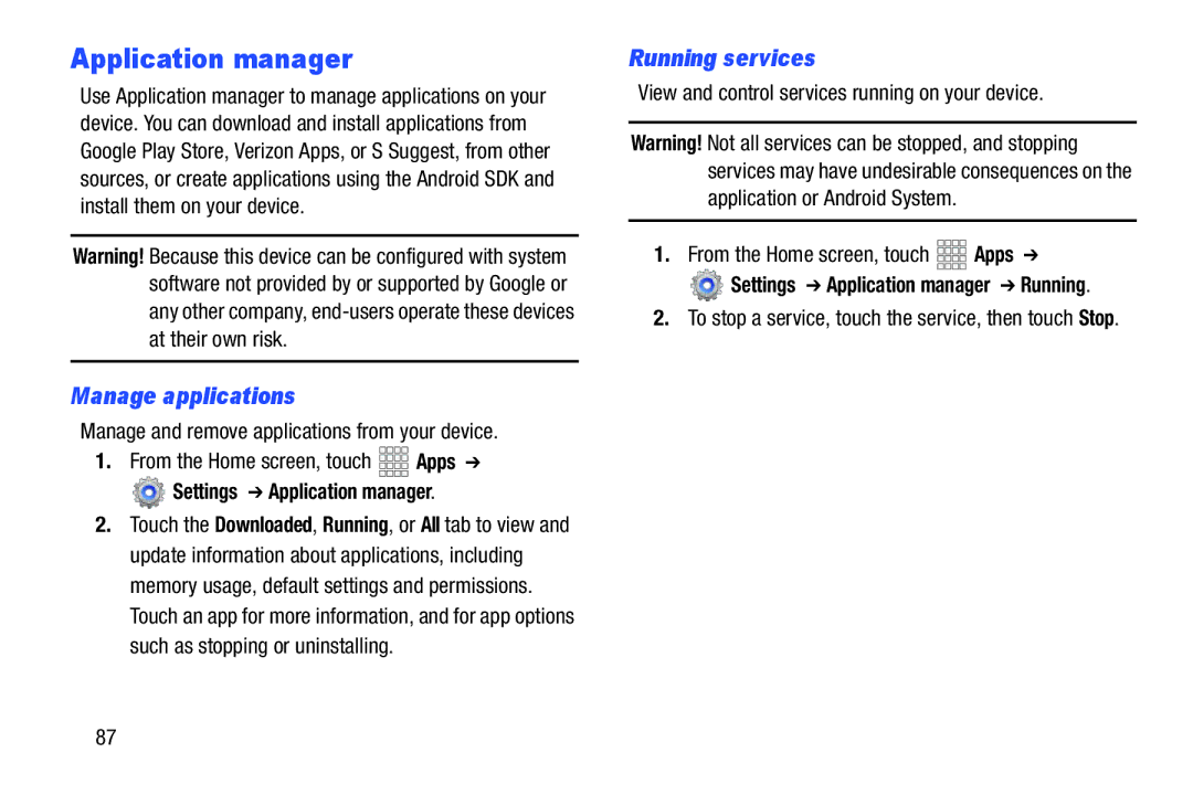 Samsung GT-P5100ZWABTU, SCH-I915SAAVZW, SCHI705 Manage applications, Running services, Settings Application manager 