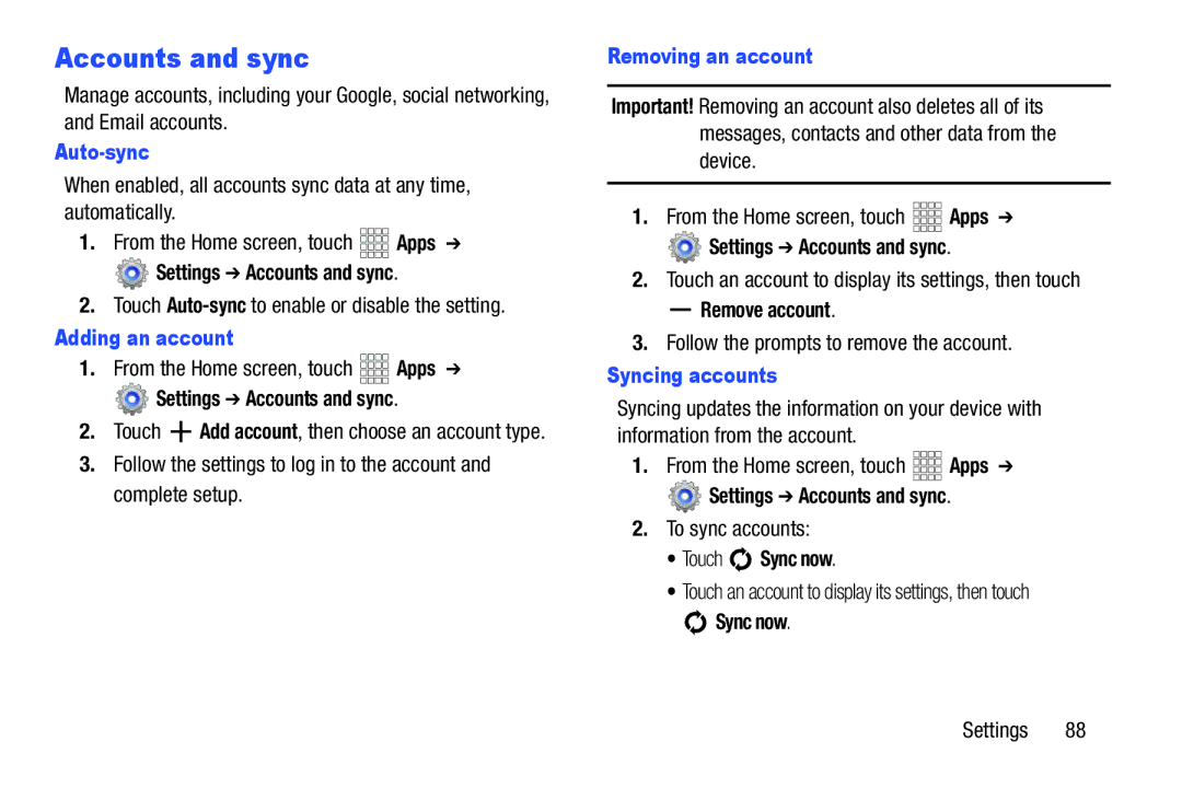 Samsung GT-P3113ZWYXAR, SCH-I915SAAVZW, SCHI705MKAVZW, GT-P5100ZWABTU user manual Accounts and sync, Auto-sync, Touch Sync now 