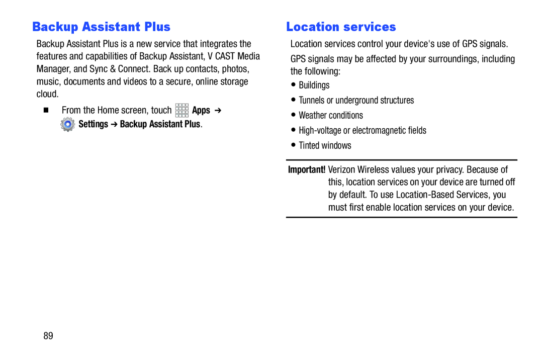 Samsung SCH-I915SAAVZW, SCHI705MKAVZW, GT-P5100ZWABTU, GT-P3113ZWYXAR user manual Backup Assistant Plus, Location services 