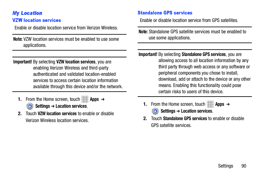 Samsung SCHI705MKAVZW user manual My Location, VZW location services, Settings Location services, Standalone GPS services 