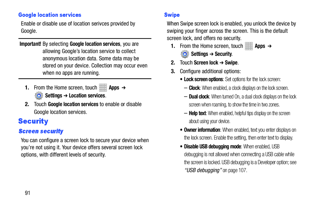 Samsung SCHI705 user manual Screen security, Google location services, Settings Security Touch Screen lock Swipe 