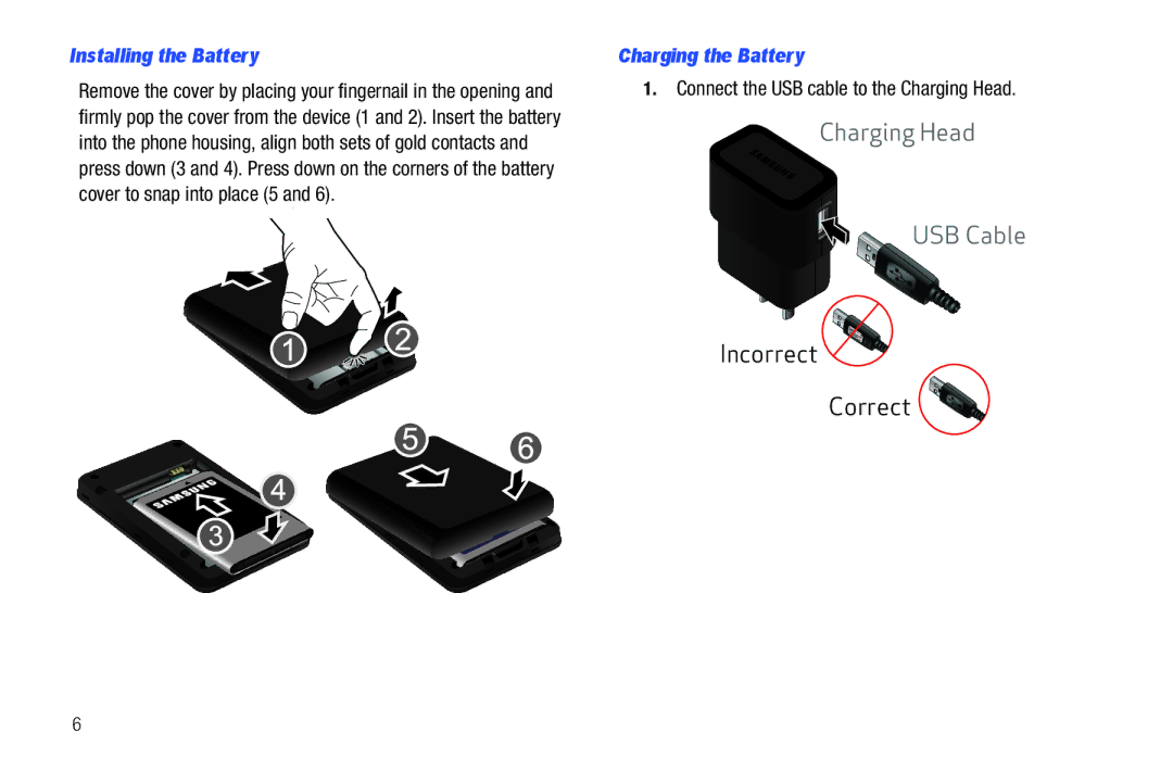 Samsung SCH-I915TSAVZW user manual Installing the Battery, Charging the Battery, Connect the USB cable to the Charging Head 